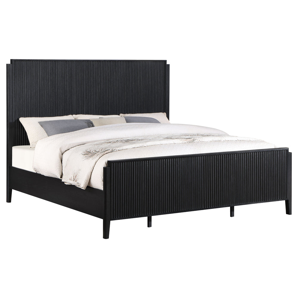 English Elm Mason Black Panel Bed with Delicate Fluting and Modern Squared Headboard — Elegant Textured Design B062S01120