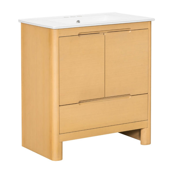 English Elm [video] 30 Inch Freestanding Bathroom Vanity Pine Legs Ceramic Sink Soft Close Storage Oak N759P412928O