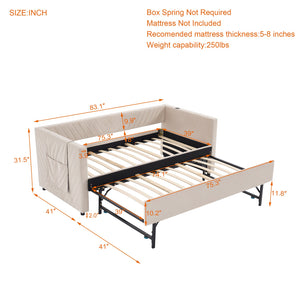 English Elm Twin Velvet Upholstered Daybed with Trundle, V-Pattern Backrest, USB Port, Side Pockets, Sturdy Design Beige W1361S00041