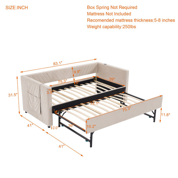 English Elm Twin Velvet Upholstered Daybed with Trundle, V-Pattern Backrest, USB Port, Side Pockets, Sturdy Design Beige W1361S00041