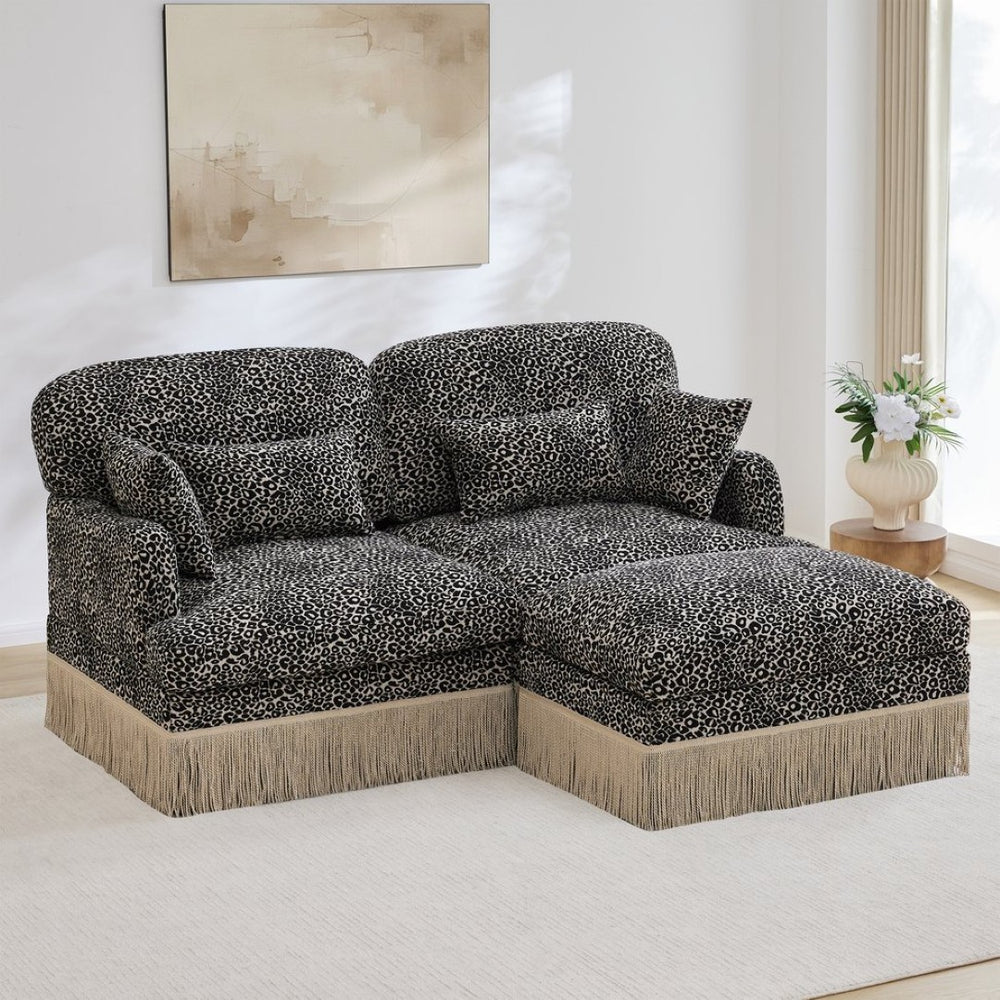 English Elm Comfy Chenille Leopard Print Loveseat with Tassel Trim Movable Ottoman Living Room Khaki W5656S00020