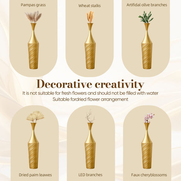 English Elm 3-piece Handcrafted Metal Floor Vase Set Matte Finish Architectural Trio for Entryway Gold W2796P446201