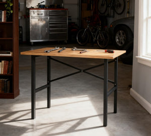 English Elm Garage Workbench with Solid Wood Surface and Powder Coated Steel X Brace Base T3971P412487