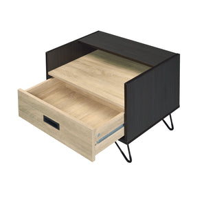 English Elm Oak Modern Oak and Black Nightstand with Drawer, Open Shelf & Metal Legs, Smooth Glide Storage B062P181411