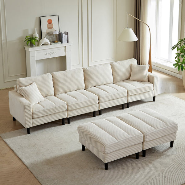 English Elm 122.5-Inch Oversized U-Shaped Modular Sofa Corduroy Sectional with Double Chaise, Ottoman, Pillows and Plastic Legs Beige W1193S00122