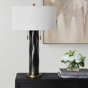 Uttermost Carmine Waved Aluminum Table Lamp with Linen Shade and Antique Brass Accents