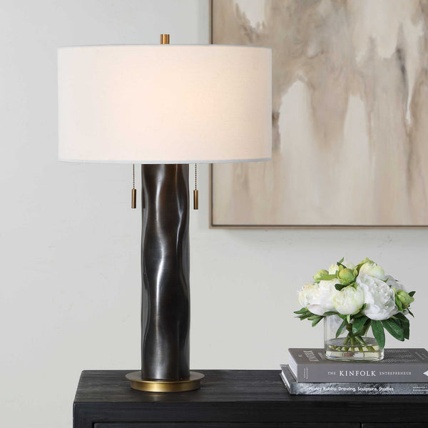 Uttermost Carmine Waved Aluminum Table Lamp with Linen Shade and Antique Brass Accents