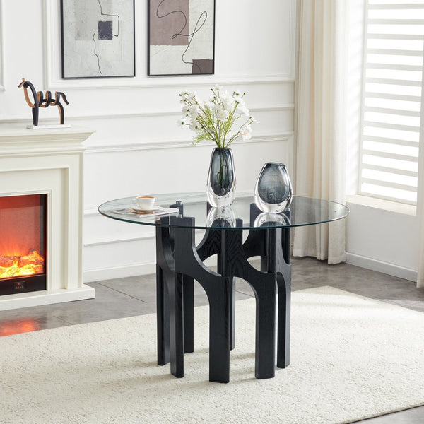 English Elm Round Tempered Glass Dining Table Sculptural Geometric Mdf Base Seats Four Compact Black W3875P387177