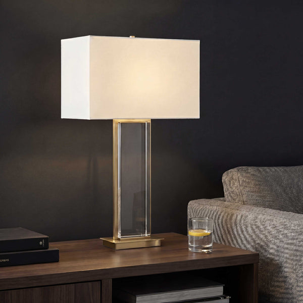 Uttermost Stambaugh Crystal Column Table Lamp with Antique Brass Iron and Linen Shade