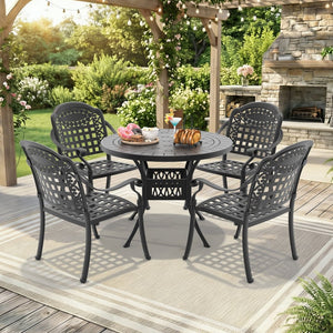 English Elm 5-piece Cast Aluminum Outdoor Dining Set with Ornate Relief Carved Patio Chairs W1710S00616