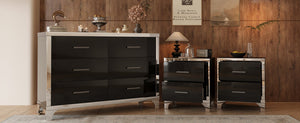 English Elm 3-Pieces Modern Dresser and Two Nightstands with Mirrored Trim, Metal Handles, Spacious Storage Black 55.71 L x 19.29 W x 10.63 H N733S205355B