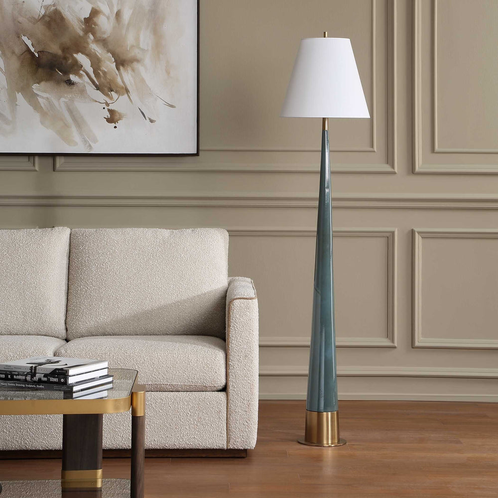 Uttermost Uttermost Riccardi Ceramic Floor Lamp Smokey Blue Glaze Antique Brass Drum Shade 30751