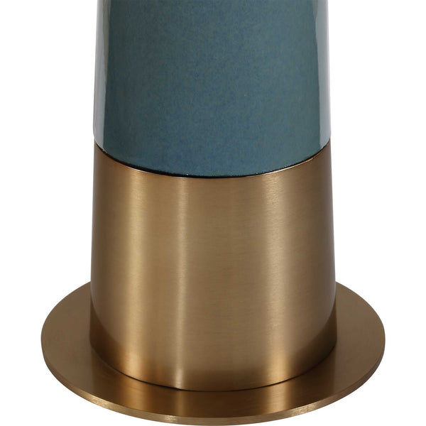 Uttermost Riccardi Ceramic Floor Lamp Smokey Blue Glaze Antique Brass Drum Shade