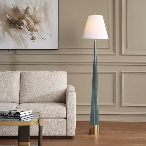 Uttermost Riccardi Ceramic Floor Lamp Smokey Blue Glaze Antique Brass Drum Shade