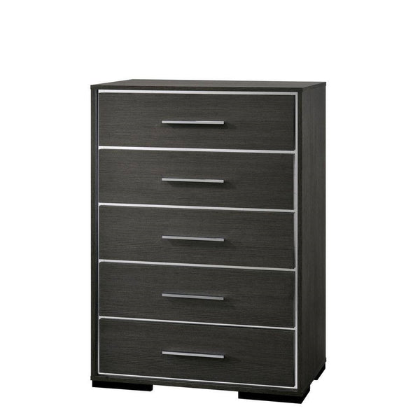 English Elm Contemporary Chic Five-Drawer Chest with Chrome Legs, High-Gloss Coating, Smooth Modern Design Warm Grey 37 L x 20 W x 53 H B2741P368142