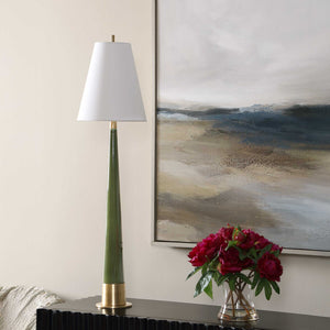 Uttermost Riccardi Ceramic Table Lamp Moss Green Glaze with Antique Brass Pedestal Base