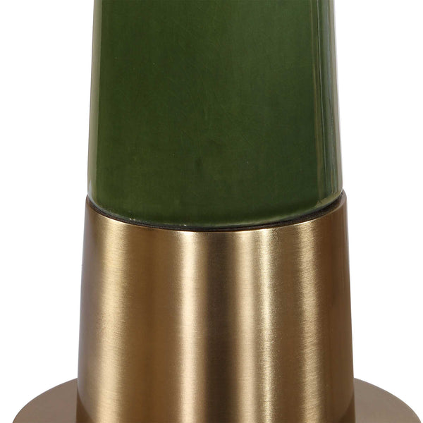 Uttermost Riccardi Ceramic Table Lamp Moss Green Glaze with Antique Brass Pedestal Base
