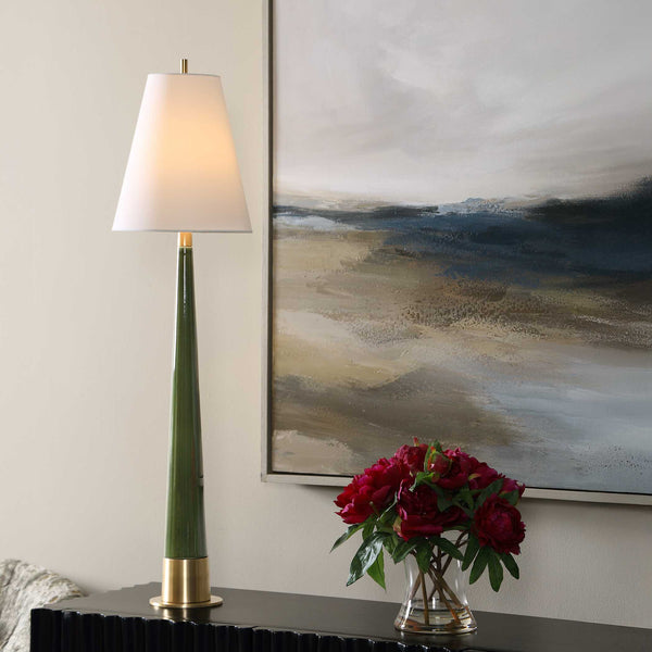 Uttermost Riccardi Ceramic Table Lamp Moss Green Glaze with Antique Brass Pedestal Base