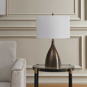 Uttermost Jereko Bronze Iron Base Lamp with Travertine Detail and Linen Drum Shade