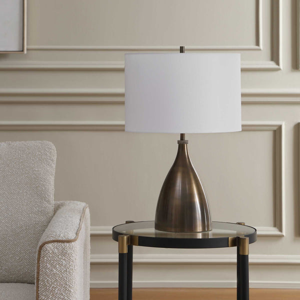 Uttermost Jereko Bronze Iron Base Lamp with Travertine Detail and Linen Drum Shade
