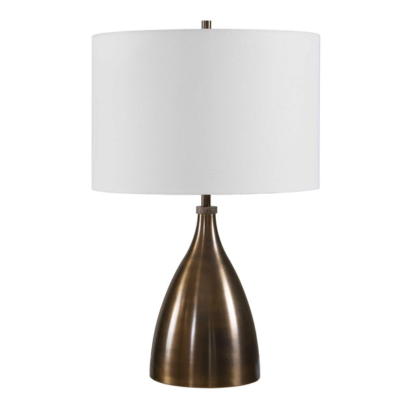 Uttermost Jereko Bronze Iron Base Lamp with Travertine Detail and Linen Drum Shade