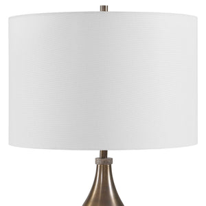 Uttermost Jereko Bronze Iron Base Lamp with Travertine Detail and Linen Drum Shade