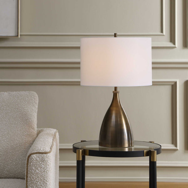Uttermost Jereko Bronze Iron Base Lamp with Travertine Detail and Linen Drum Shade