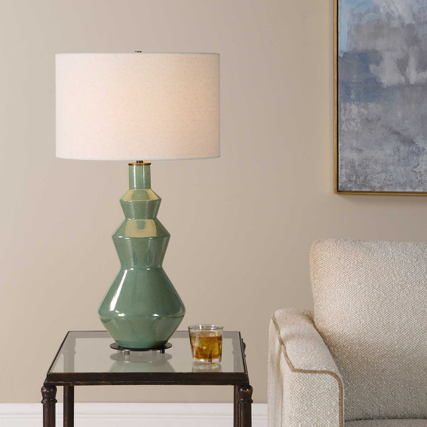 Uttermost Kitley Artisan Ceramic Table Lamp with Sage Glaze and Linen Drum Shade