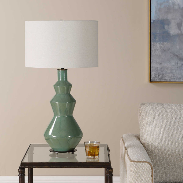 Uttermost Kitley Artisan Ceramic Table Lamp with Sage Glaze and Linen Drum Shade