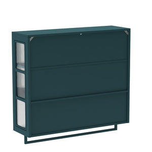 English Elm Bathroom Wall Cabinet Fluted Glass Doors Open Shelf Towel Bar Dark Green Mdf W757P400531
