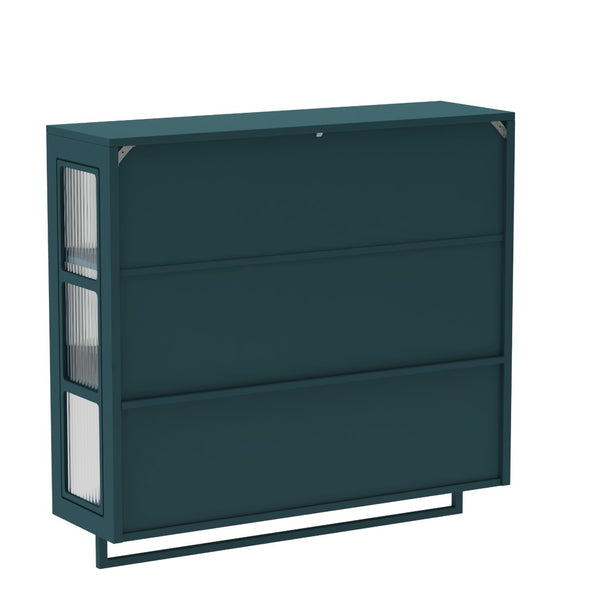 English Elm Bathroom Wall Cabinet Fluted Glass Doors Open Shelf Towel Bar Dark Green Mdf W757P400531