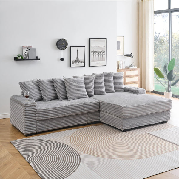 English Elm 111.4 Inch Corduroy L-shaped Sectional Sofa with Cup Holder and Reversible Recliner Gray W1658P263417