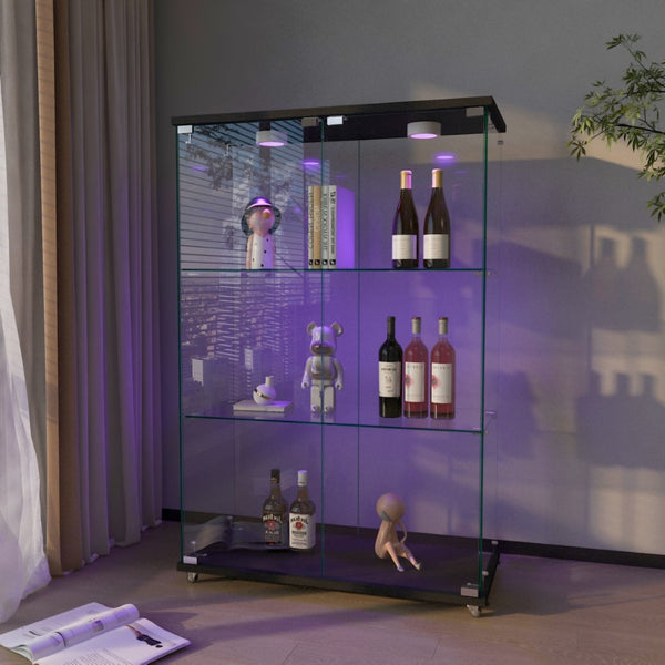 English Elm Modern Tempered Glass Display Cabinet with Led Lighting Three Shelf Living Room Showcase W241P400850