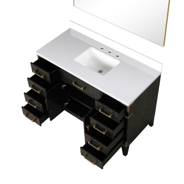 English Elm Black Oak Single Bath Vanity Set With White Quartz Top & Large Mirror - Stylish Storage Solution B2731S02129
