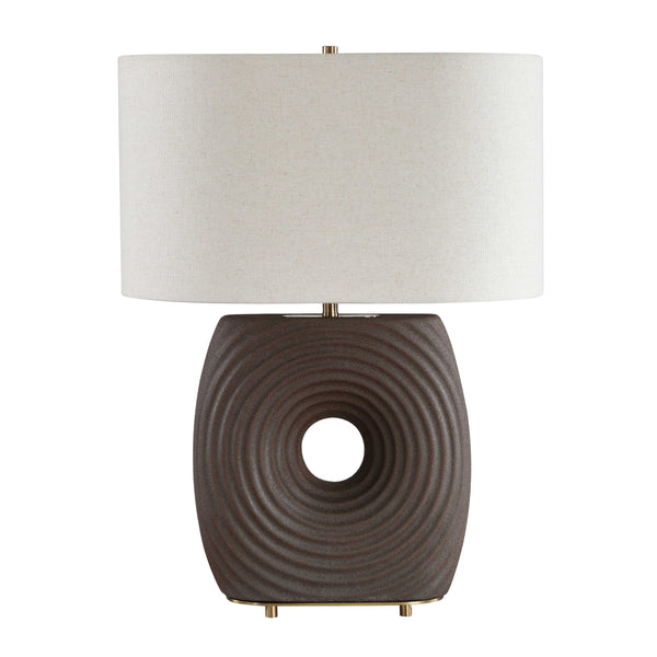 Uttermost Geno Ribbed Ceramic Table Lamp Antique Brass Linen Shade Bedroom Accent