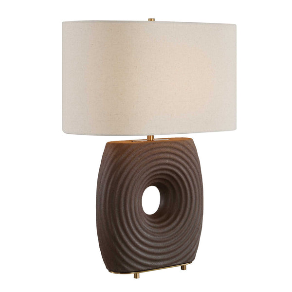 Uttermost Geno Ribbed Ceramic Table Lamp Antique Brass Linen Shade Bedroom Accent