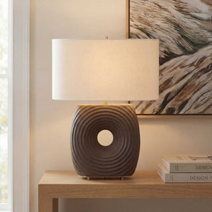 Uttermost Geno Ribbed Ceramic Table Lamp Antique Brass Linen Shade Bedroom Accent