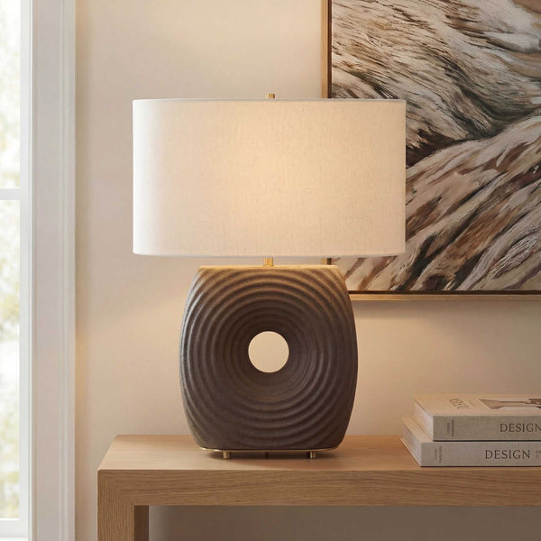 Uttermost Geno Ribbed Ceramic Table Lamp Antique Brass Linen Shade Bedroom Accent
