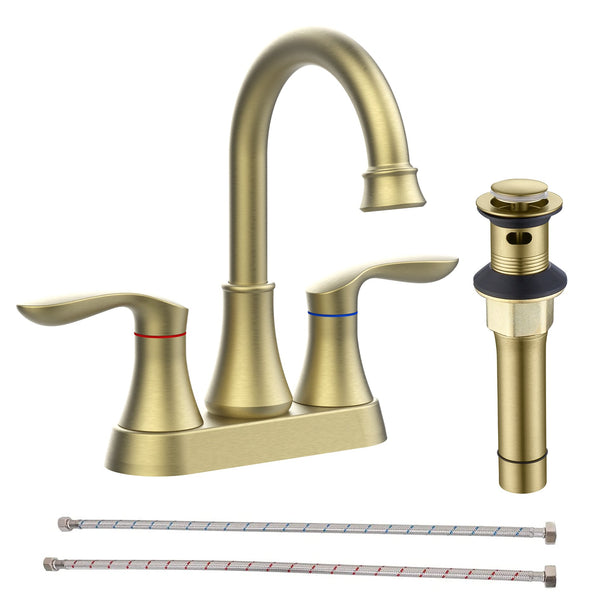 English Elm Bathroom Faucet Brushed Gold - 2-Handle Centerset, 360° Swivel Spout, Easy Install With Drain & Hoses T3177P277461
