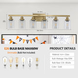 English Elm Golden 6-Light Vanity Light With Clear Glass Shades, Modern Iron Metal Bathroom Wall Fixture For Mirror, Ideal For Bathroom and Dressing Table (No Bulbs)