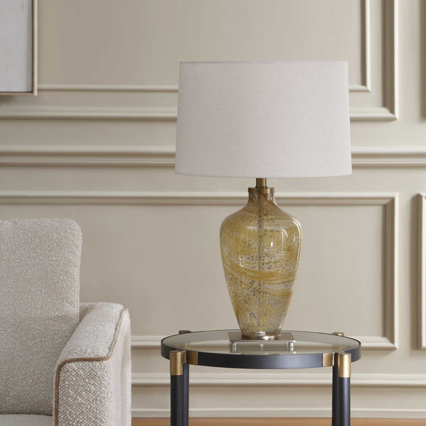 Uttermost Rainer Hand Blown Glass Table Lamp with Antique Brass and Linen Shade