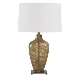 Uttermost Rainer Hand Blown Glass Table Lamp with Antique Brass and Linen Shade