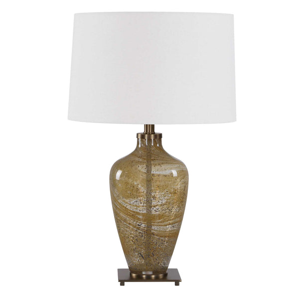 Uttermost Rainer Hand Blown Glass Table Lamp with Antique Brass and Linen Shade