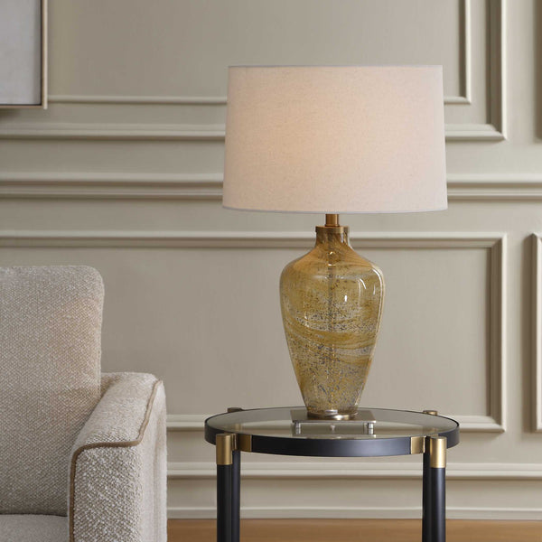 Uttermost Rainer Hand Blown Glass Table Lamp with Antique Brass and Linen Shade