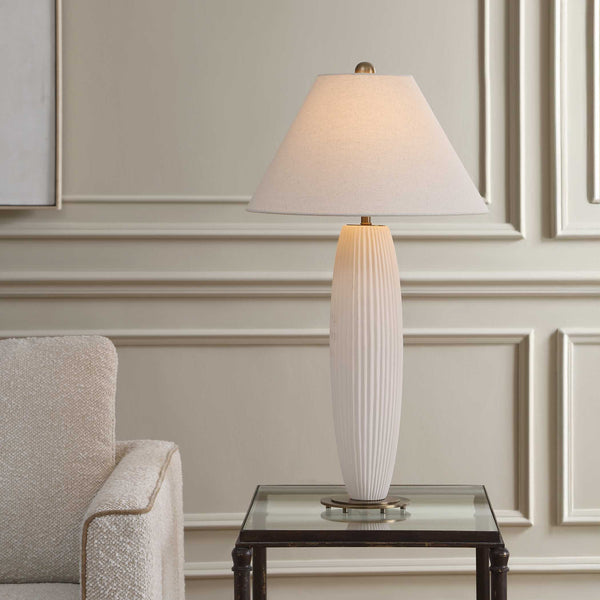 Uttermost Brinsley Fluted Ceramic Table Lamp with Linen Shade and Brass Accents