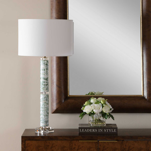 Uttermost Jameis Marbled Ceramic Table Lamp with Brass Crystal Accents Linen Shade