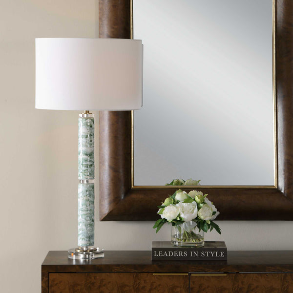 Uttermost Jameis Marbled Ceramic Table Lamp with Brass Crystal Accents Linen Shade