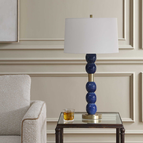 Uttermost Bellore Ceramic Orb Table Lamp Glossy Blue Glaze with Antique Brass Accents