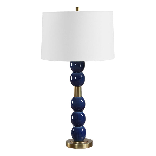 Uttermost Bellore Ceramic Orb Table Lamp Glossy Blue Glaze with Antique Brass Accents