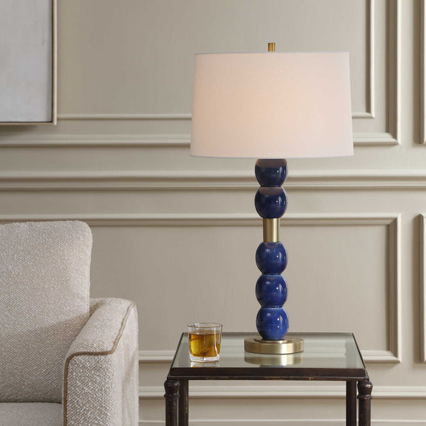 Uttermost Bellore Ceramic Orb Table Lamp Glossy Blue Glaze with Antique Brass Accents